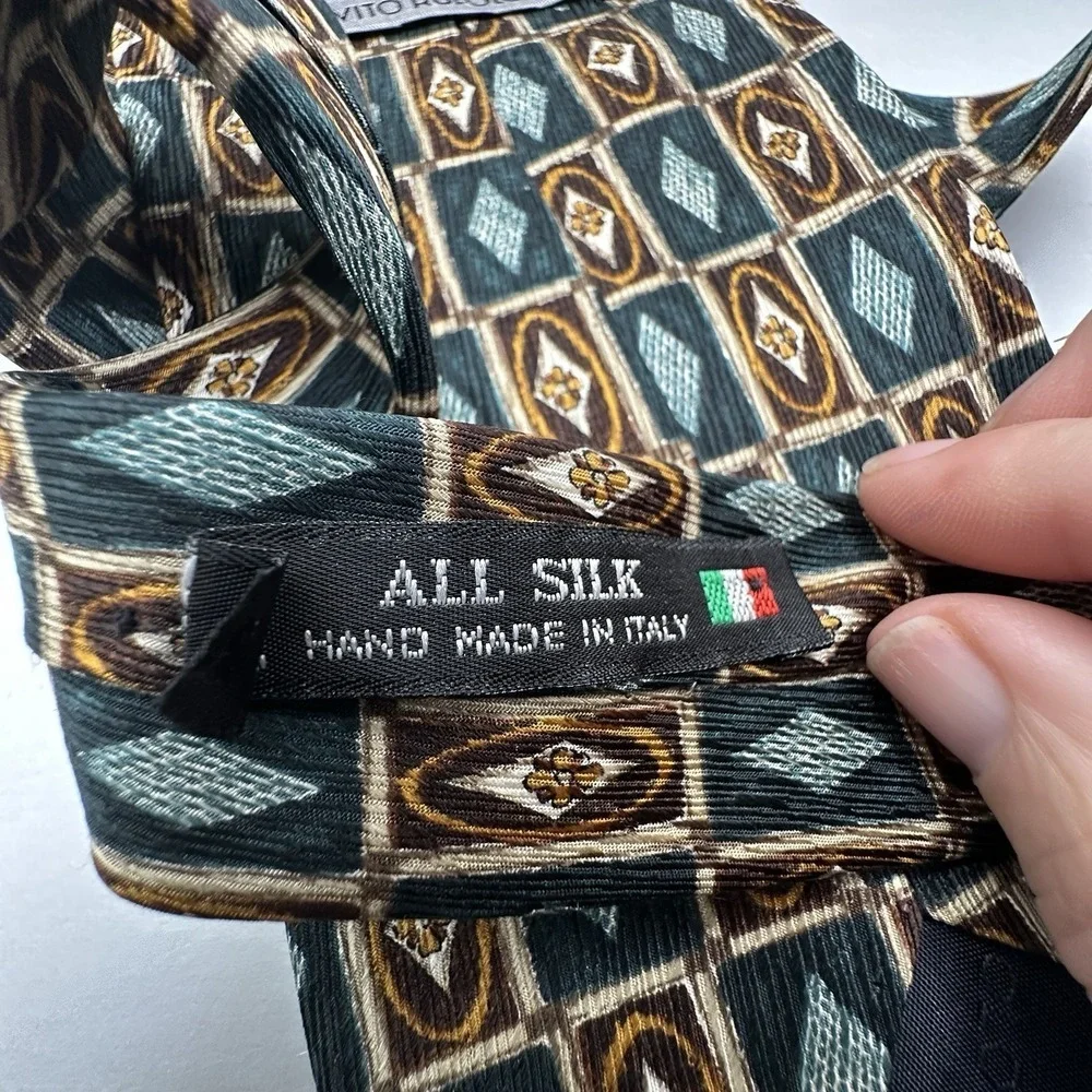 Vito Rufolo Silk‎ Tie Mens Geometric Diamond Floral Teal Brown Handmade Italy
